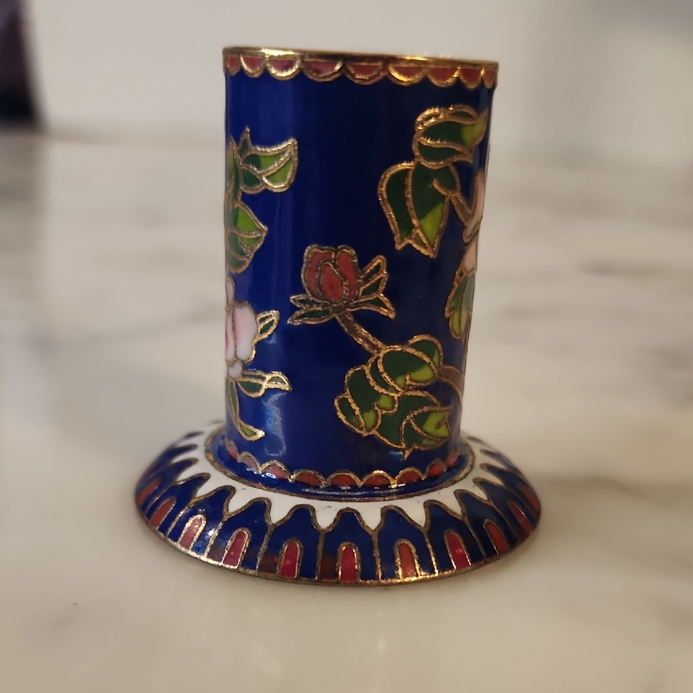 Elegant Blue Floral Enamel Toothpick Holder